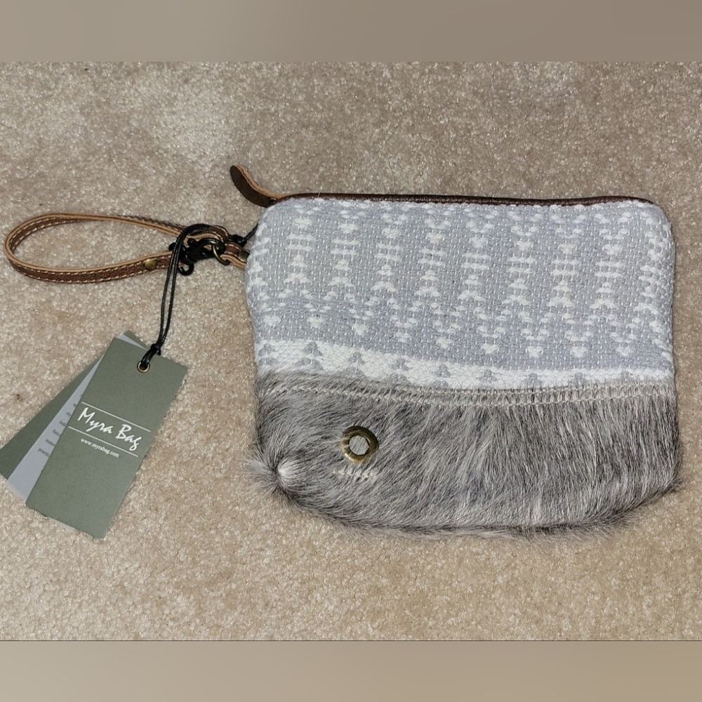 Myra Bag Wristlet Pasty Pouch Gray & White 100% CottonCarve 100% leather & 100%